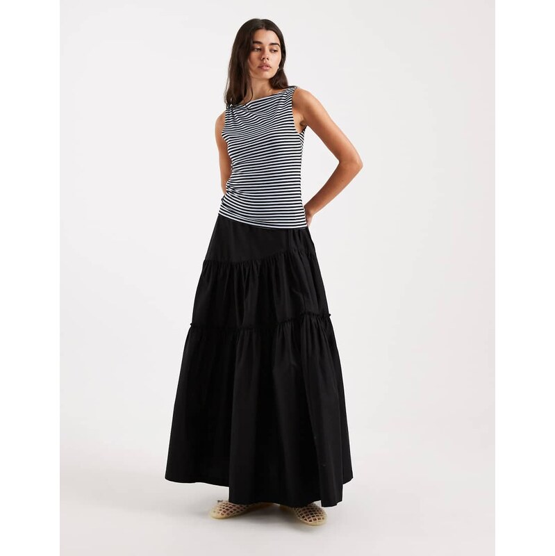 ASOS DESIGN asymmetric tiered boho maxi skirt in black