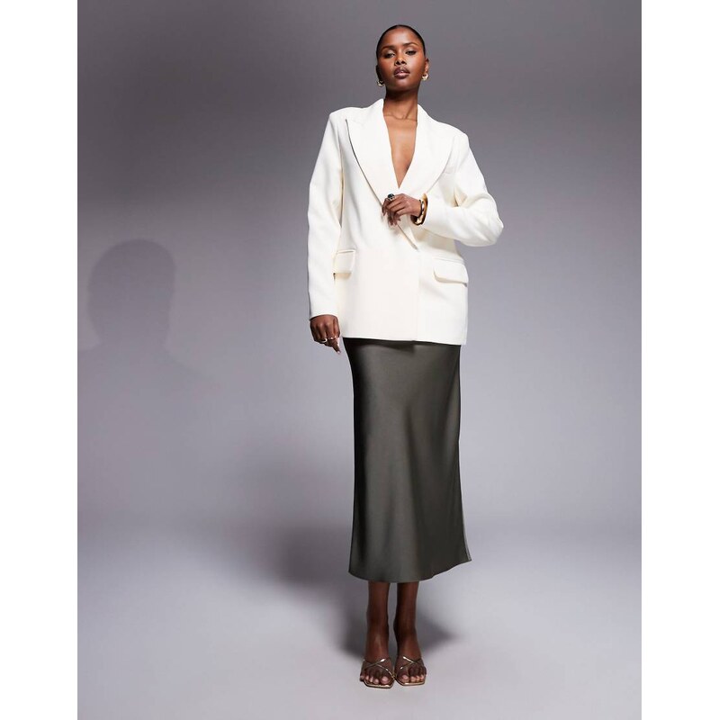 River Island satin maxi skirt in khaki-Green