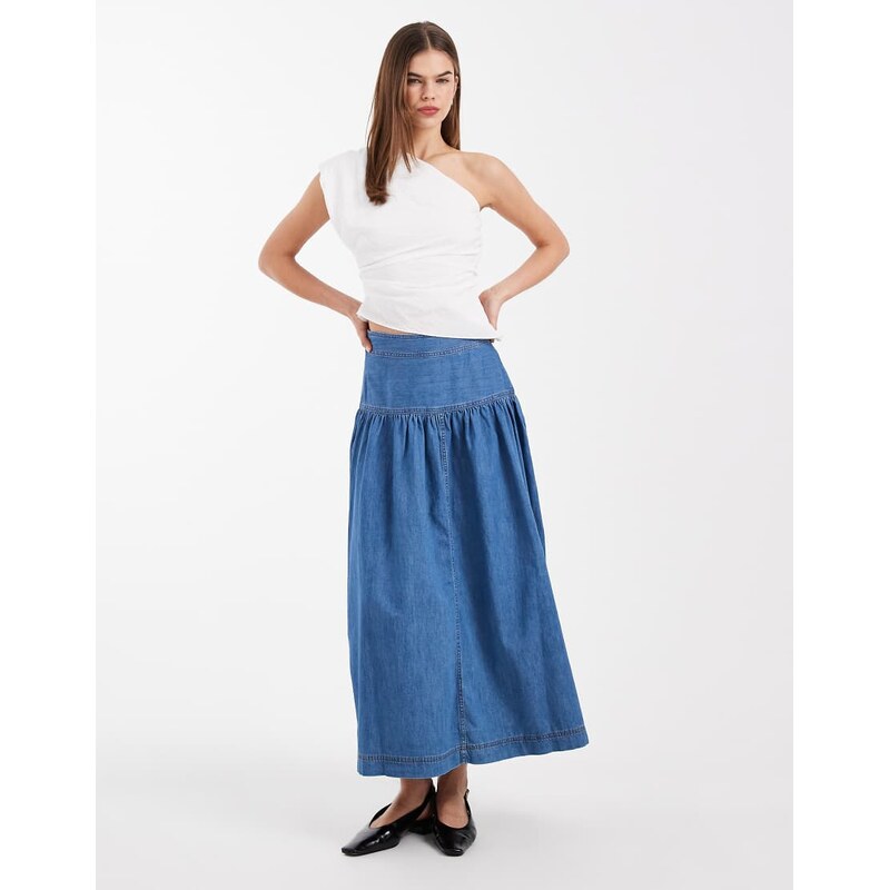 ONLY dropped waist denim maxi skirt in mid blue