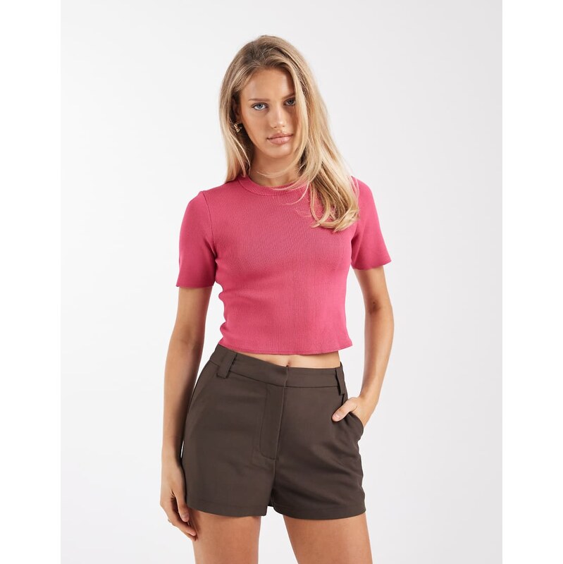 Brave Soul compact knit short sleeve jumper in pink