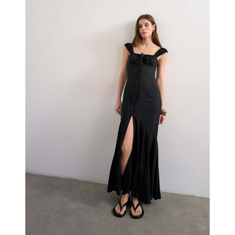 Topshop button front cap sleeve maxi sundress in black
