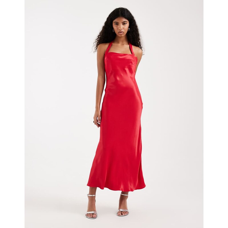 ASOS DESIGN satin halter neck maxi dress in red