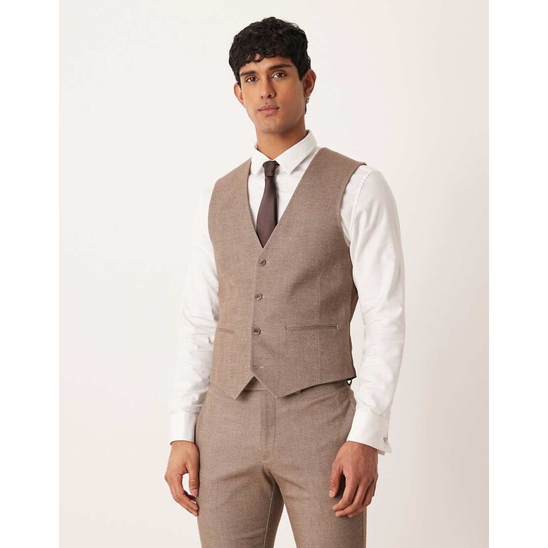 ASOS DESIGN skinny suit waistcoat in light brown twill-Neutral