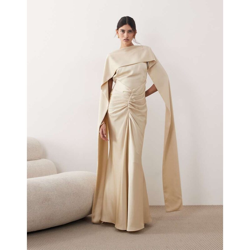 ARRANGE pleated waist high neck back drape satin maxi dress in