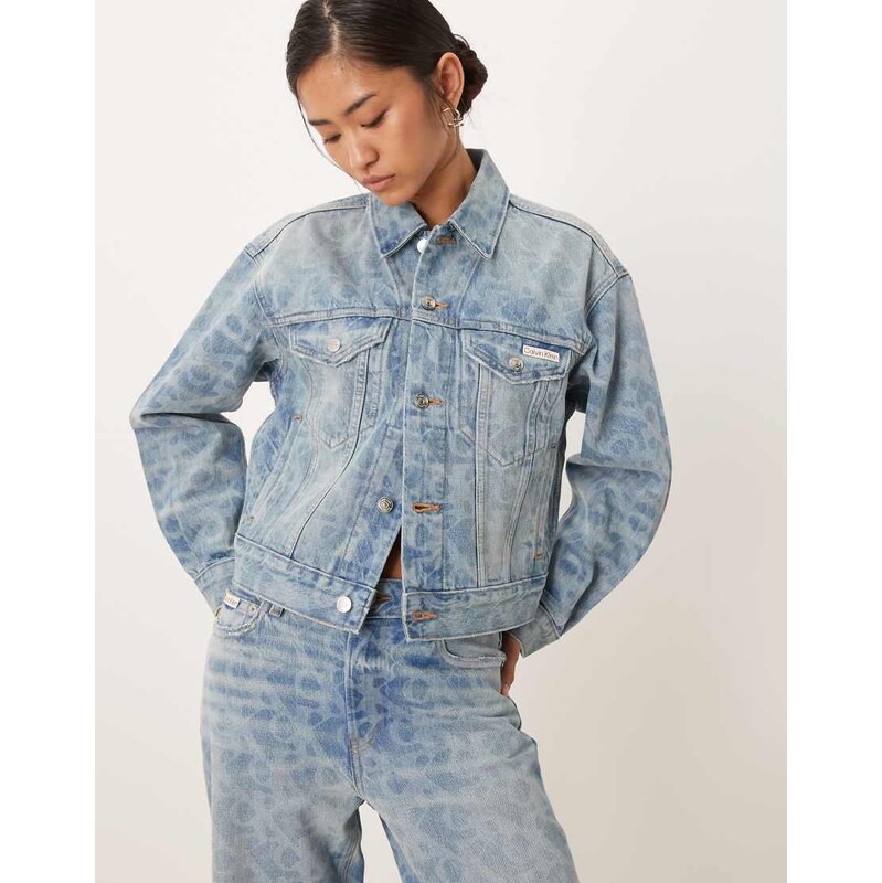 Calvin Klein Jeans logo print denim trucker jacket in lightwash