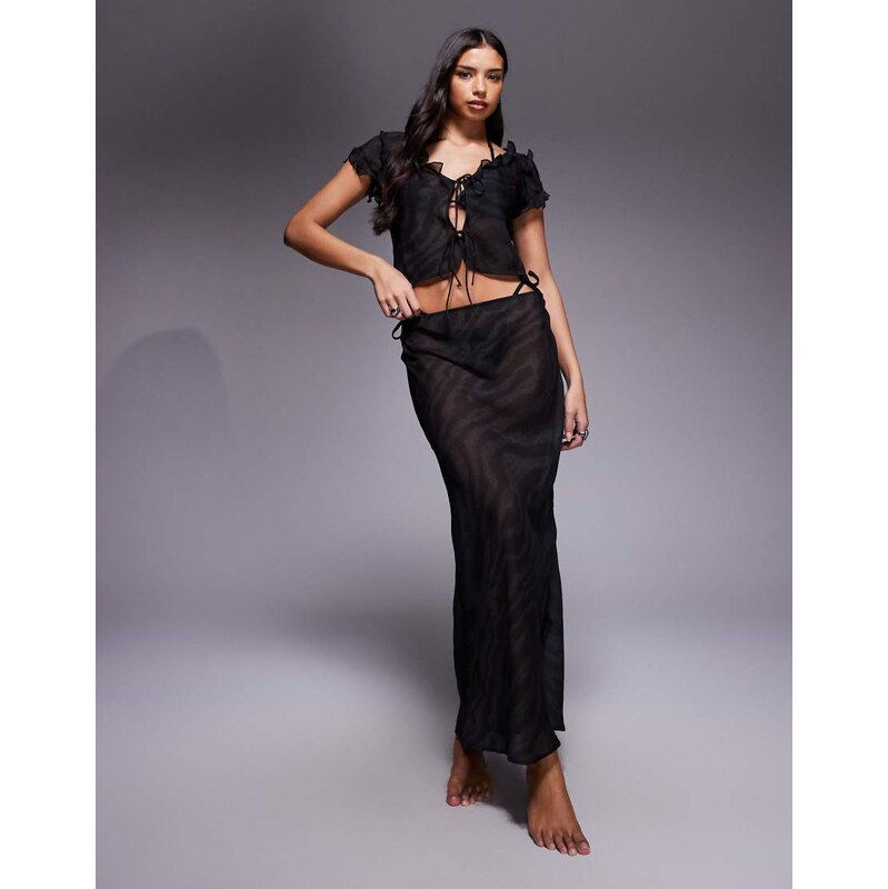 ASOS DESIGN chiffon beach maxi skirt in zebra-Black