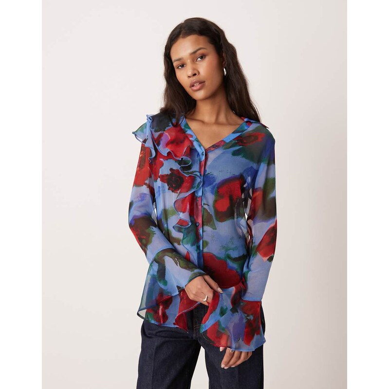 ASOS DESIGN button front ruffle soft shirt in blue floral print