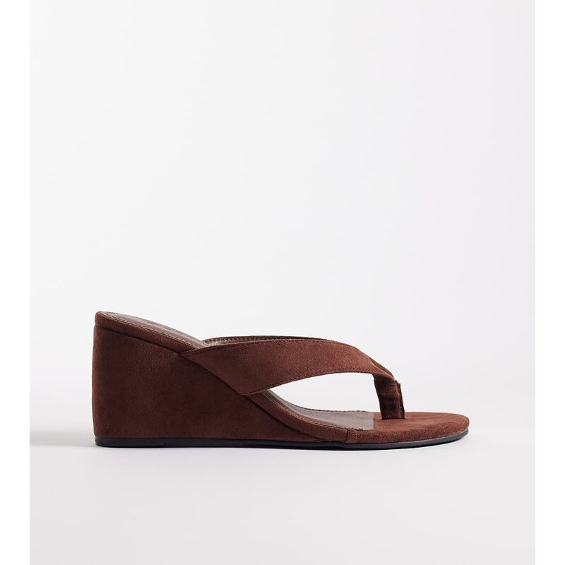 SEQWL Wide Fit Ines thong wedge sandal in brown micro 113574931