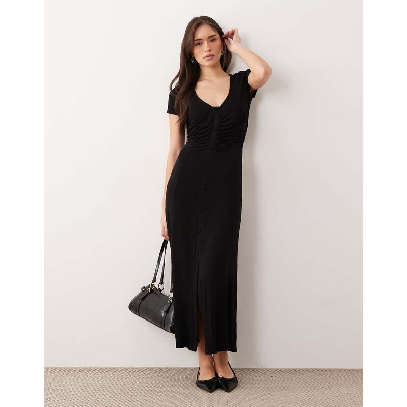 ASOS DESIGN button front ruched waist tea dress in black