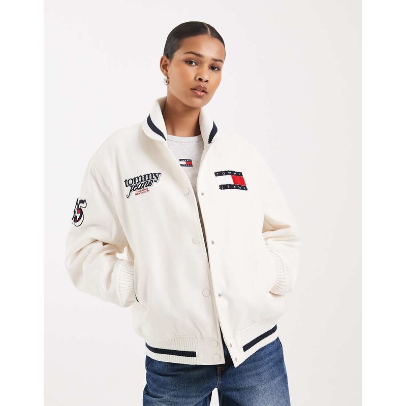 Tommy Jeans relaxed fit varsity jacket in off white 113020376
