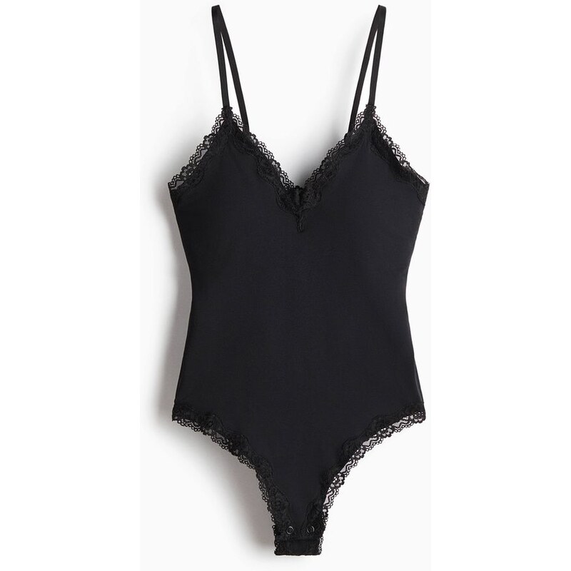 H&M - Bezešvé bodys krajkovými lemy - černá 113015467