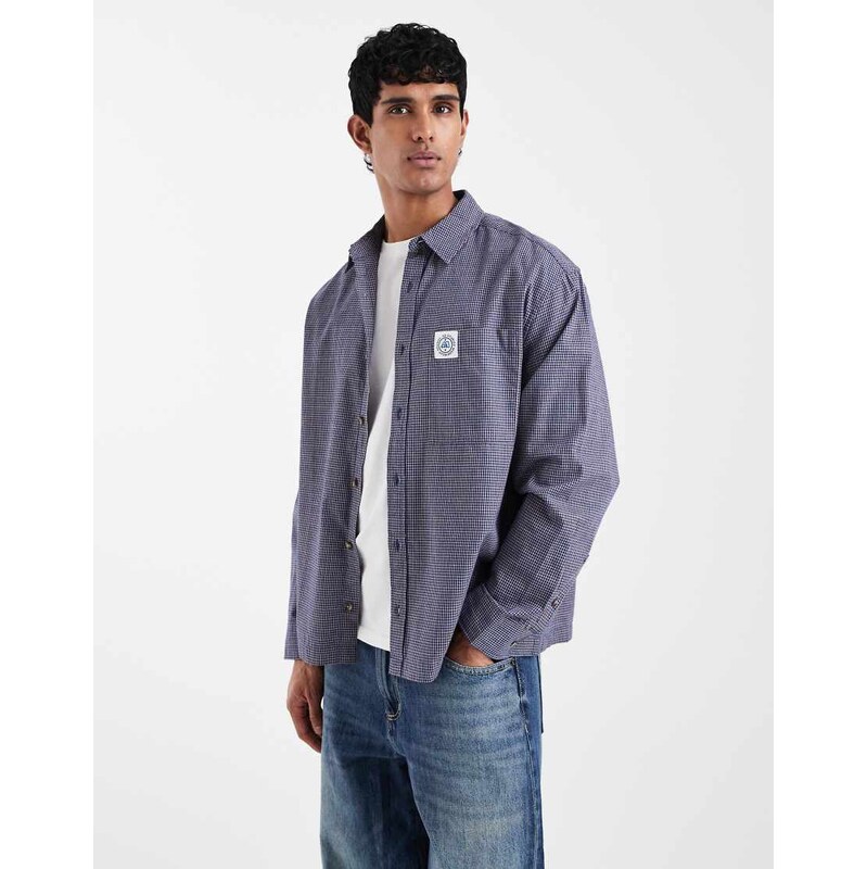ASOS DESIGN oversized checked shirt with chest badge in navy