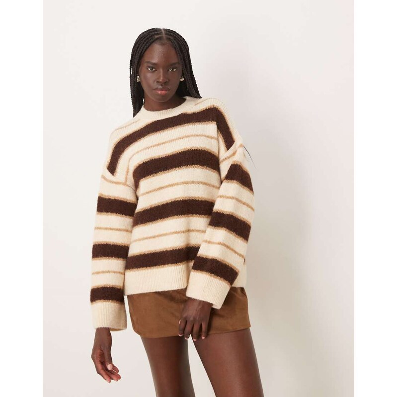 Mango crew neck jumper in beige stripe-Neutral