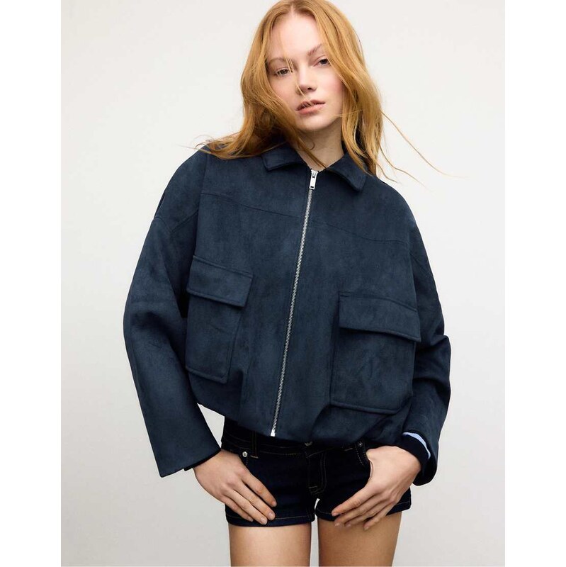 Stradivarius Faux suede bomber jacket in navy blue