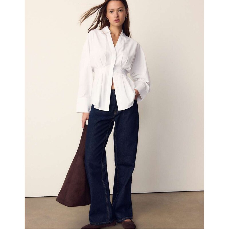 Stradivarius Poplin shirt with pleats in white