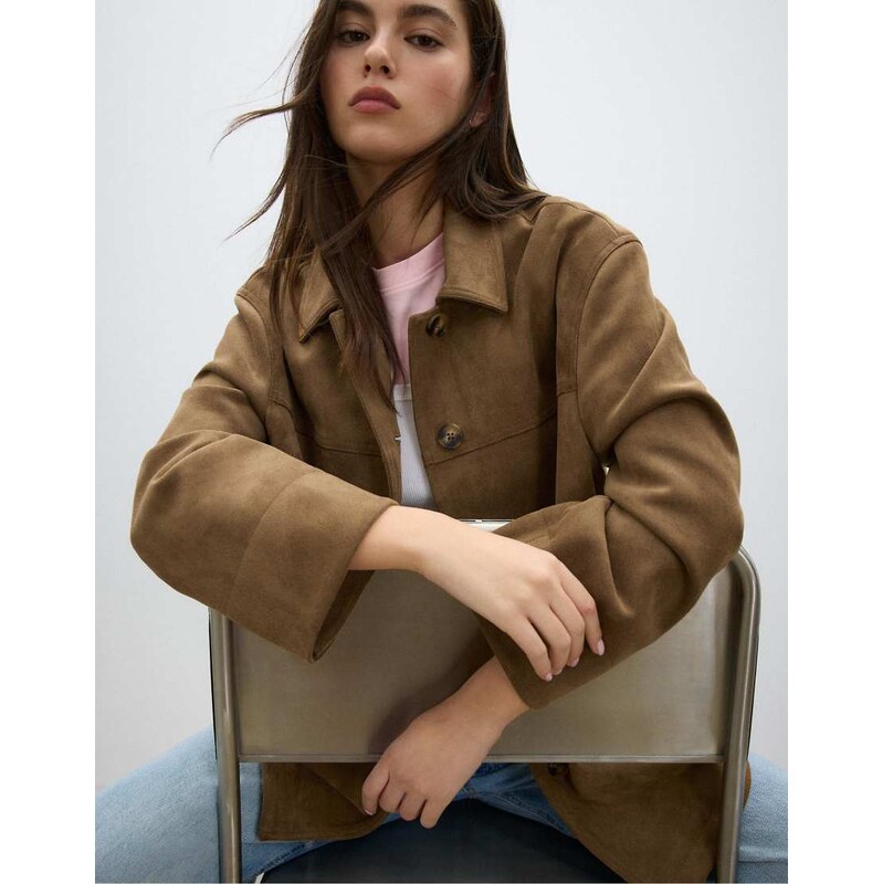 Stradivarius Faux suede jacket in beige-Neutral