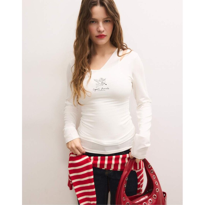Stradivarius Double cherub print t-shirt in ecru-White