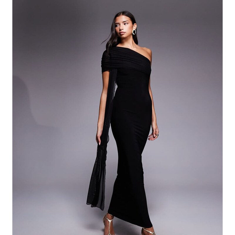 Kaiia exclusive double layered slinky mesh one shoulder drape