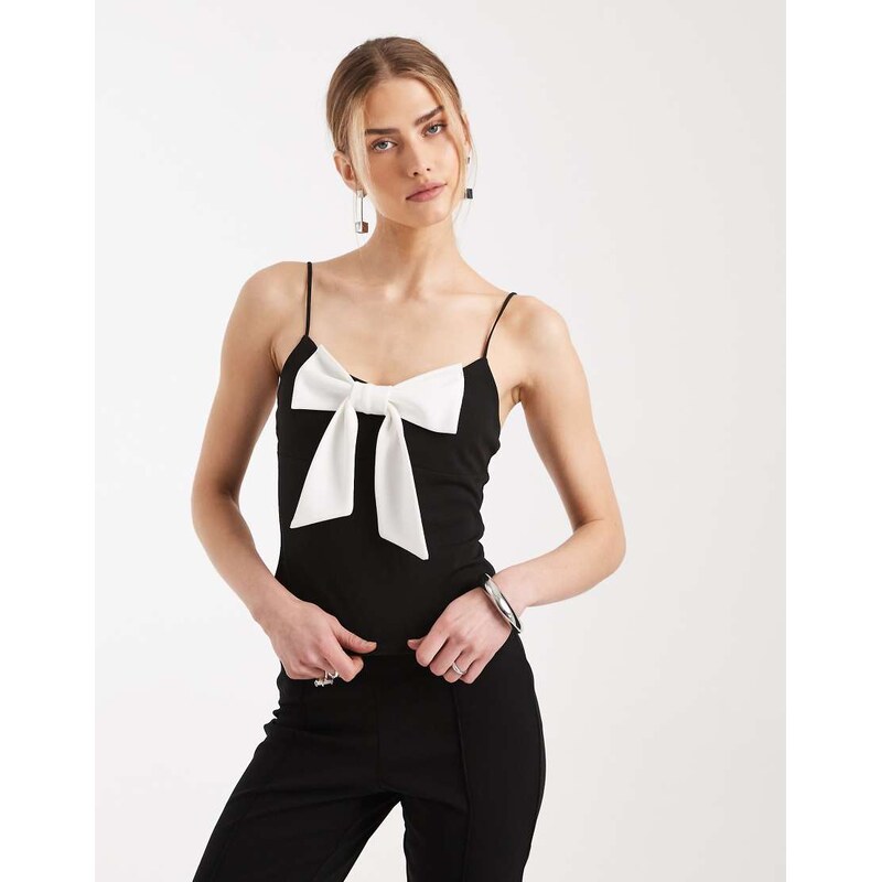 Miss Selfridge cami top with contrast bow in black 115522718