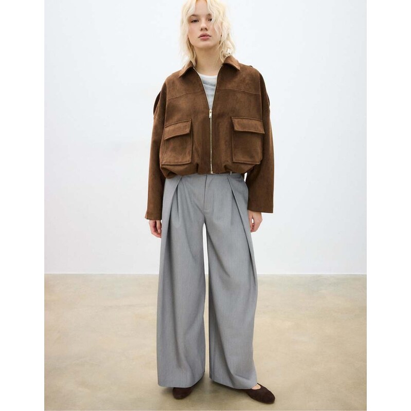 Stradivarius Faux suede bomber jacket in brown 114408581
