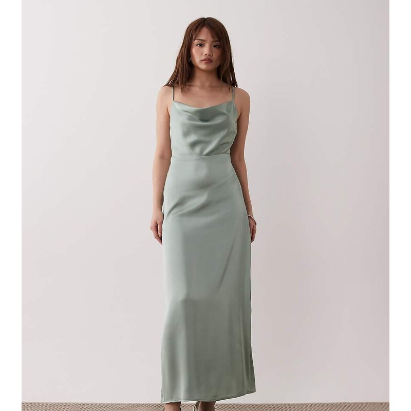 Vila Petite satin cowl neck cami maxi dress in milieu green