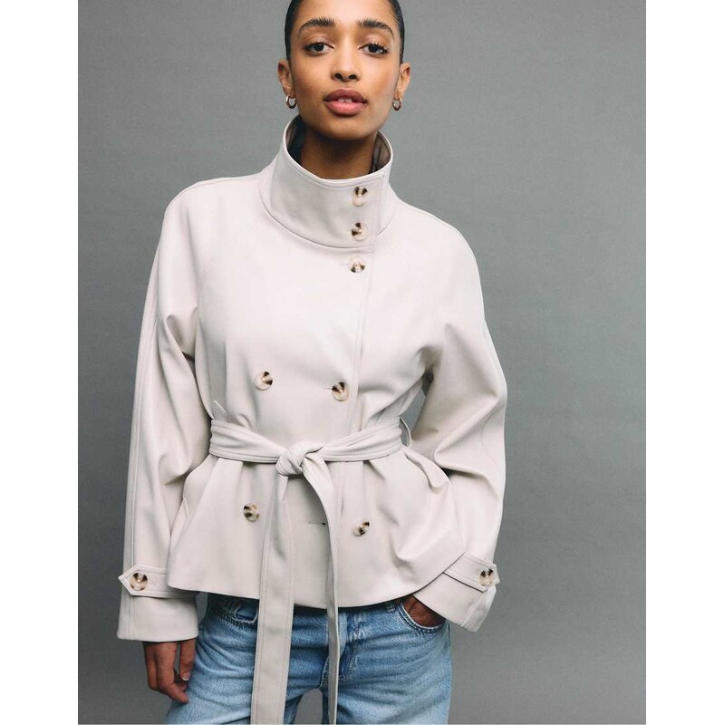 Stradivarius High neck leather effect trench coat in ecru-White