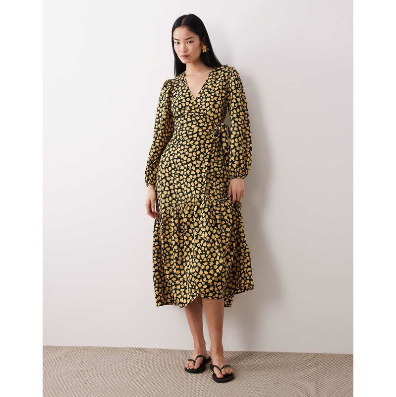 Wednesdays Girl long sleeve wrap around midaxi dress in yellow