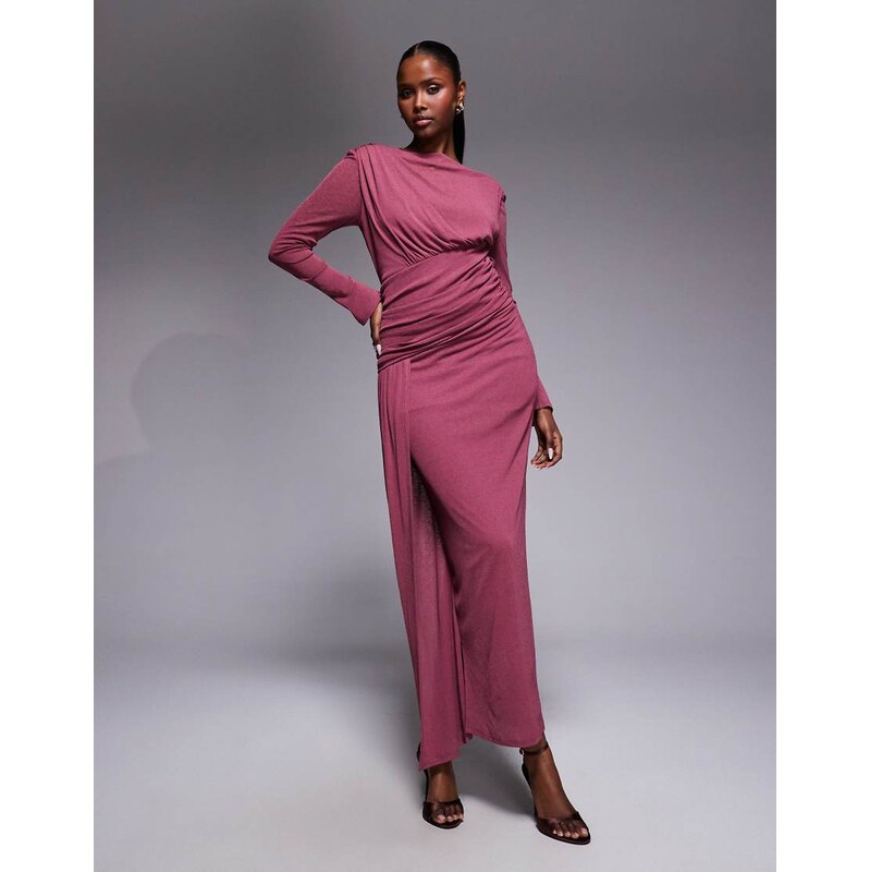 Daska long sleeve asymmetric drape detail maxi dress in mulberry-Red 113306275