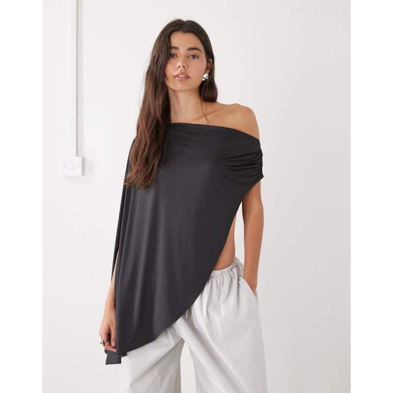 Lioness Reborn asymmetric ruched one shoulder poncho top in black 113044017