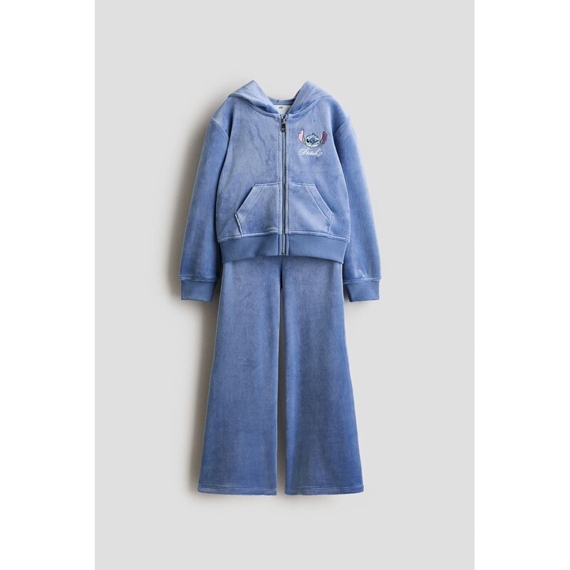 H&M - Dvoudílná velurová soupravas výšivkou - Modrá/Lilo &