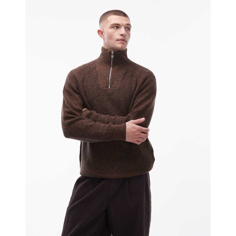 Tommy Hilfiger fisherman 1/4 zip knitted jumper in brown