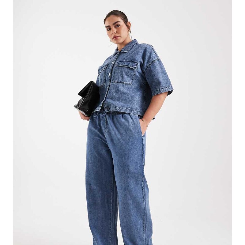 Noisy May Curve tie waist wide leg jeans co-ord in mid blue