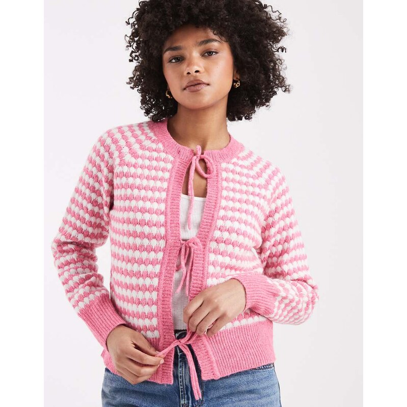 Threadbare tie front knitted cardigan in pink and white stripe