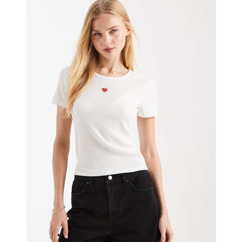 ONLY fitted ribbed top with heart embroidery in white