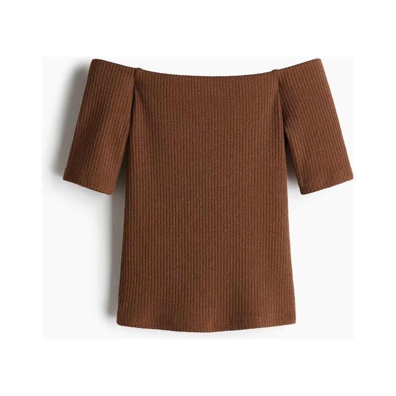 H&M - Rib-knit off-the-shoulder top - Hnědá