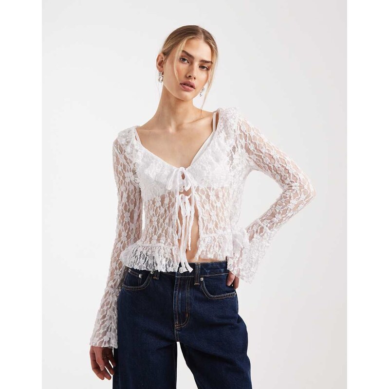 Miss Selfridge ruffle tie front top in cream lace-White