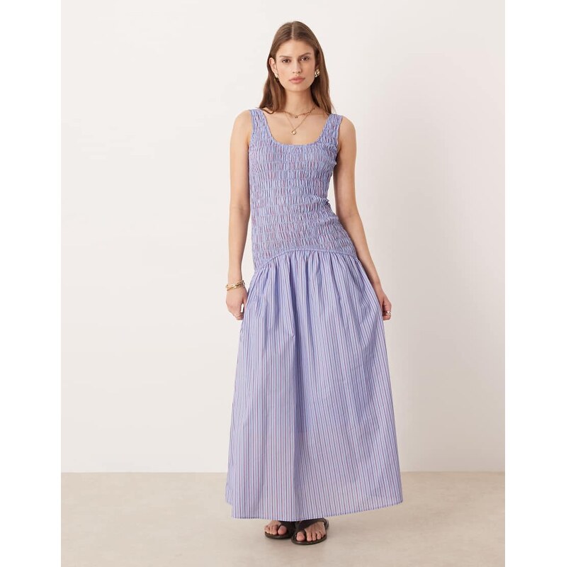 Glamorous shirred drop waist maxi dress in red blue stripe-Multi