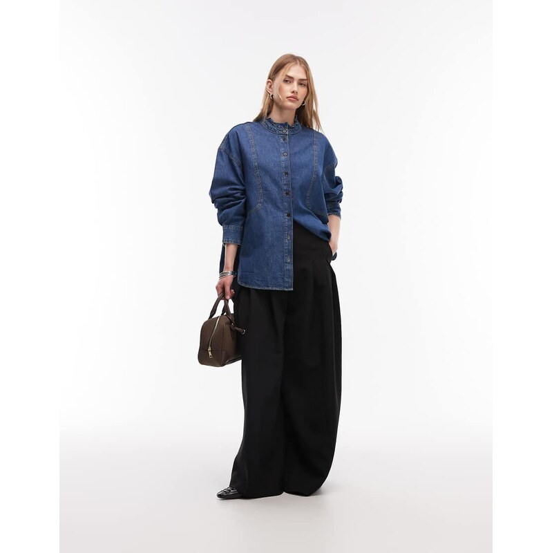 & Other Stories denim shirt with frill grandad collar in blue wash 113561958