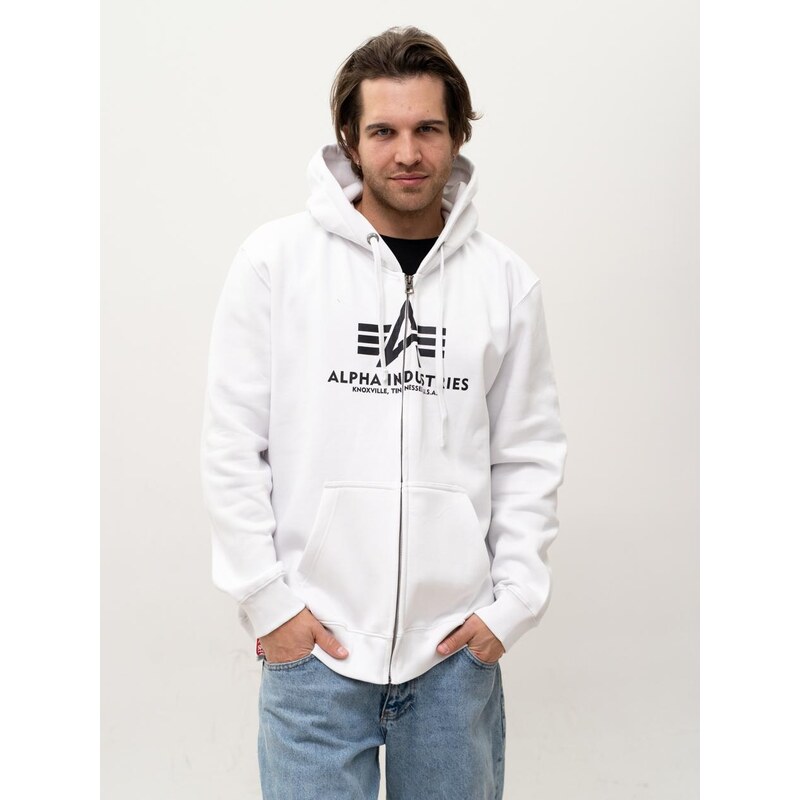 Pánská bílá mikina s kapucí a zipem Alpha Industries Basic Zip