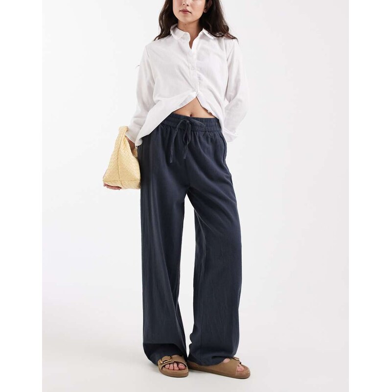 ONLY wide leg linen look trousers in washed navy