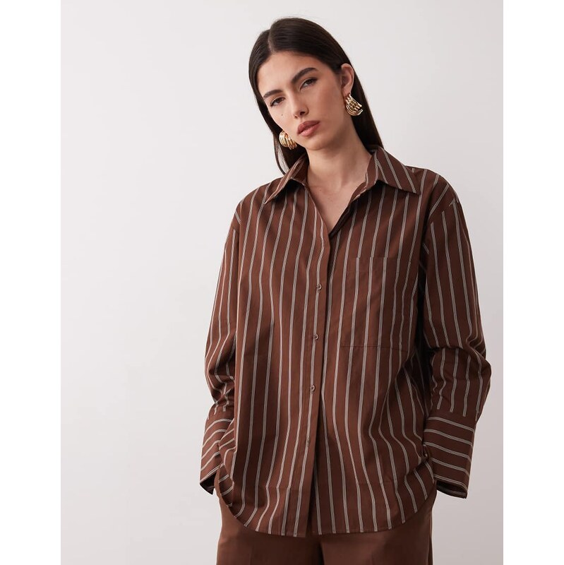 Mango Llama oversized shirt co-ord in chocolate stripe-Brown