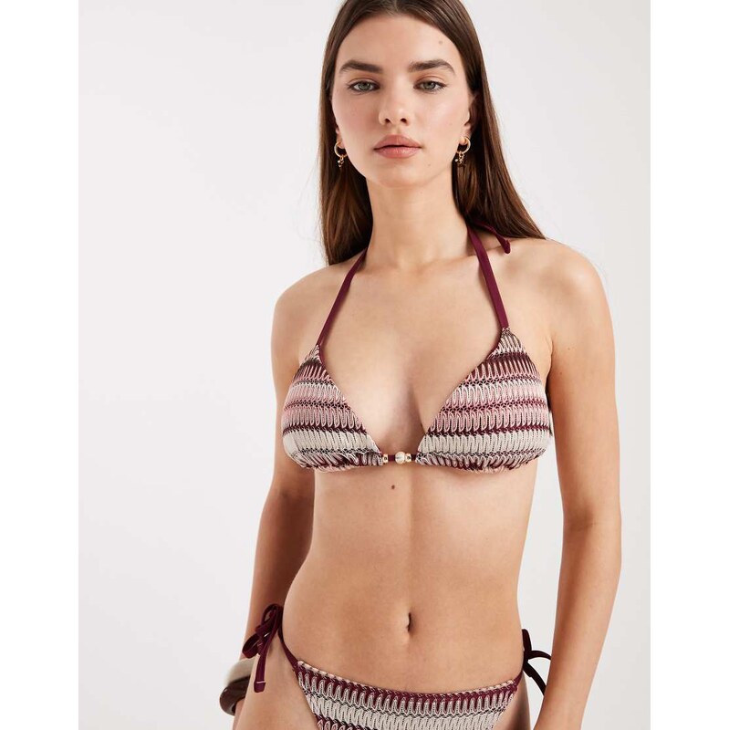 New Look crochet stripe triangle bikini top in pink