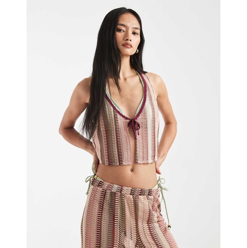 New Look co-ord crochet stripe waistcoat in pink