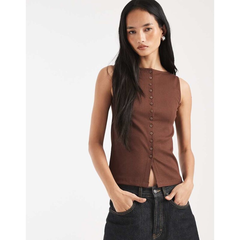 New Look boat neck button through tank top in brown