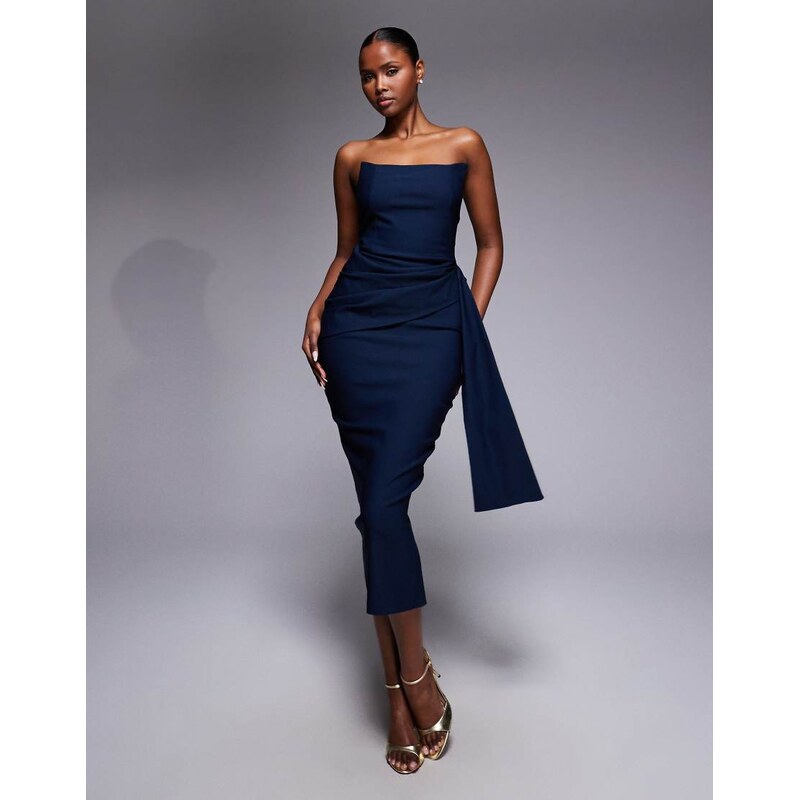 Vesper bengaline bandeau square edge drape front midi dress in navy 115549925