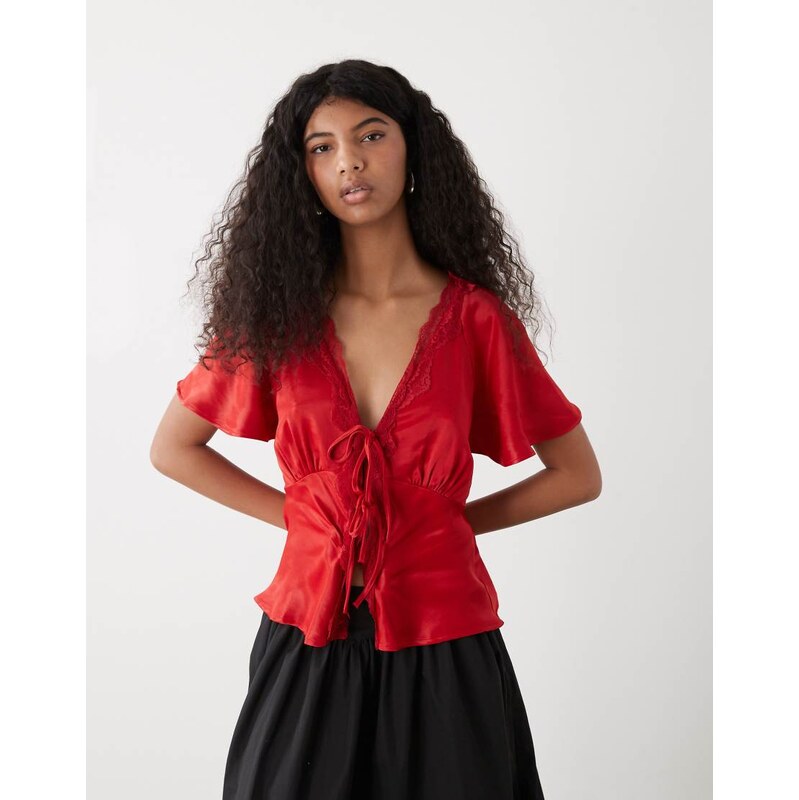 Reclaimed Vintage tie front top with lace trims in red satin