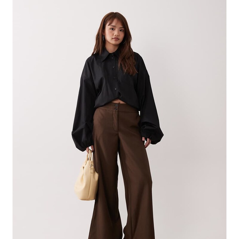JDY Petite high waist wide leg trouser in chocolate-Brown