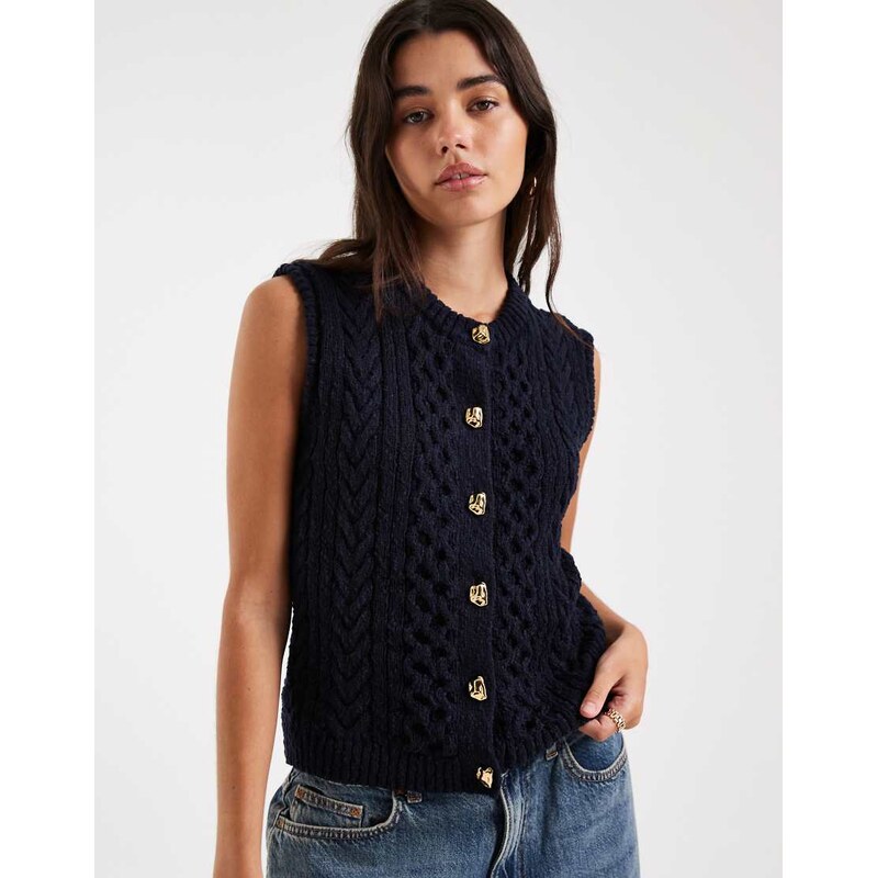 4th & Reckless chunky cable knit gold button sleeveless vest in navy 113070568