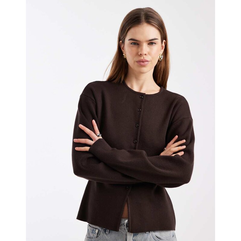 ONLY o-neck knitted cardigan in chocolate brown 115520945
