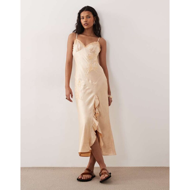 Kiss The Sky Helena embroidered satin midaxi dress in apricot-Neutral 114687985